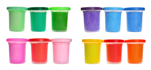Set with different colorful play dough on white background. Banner design