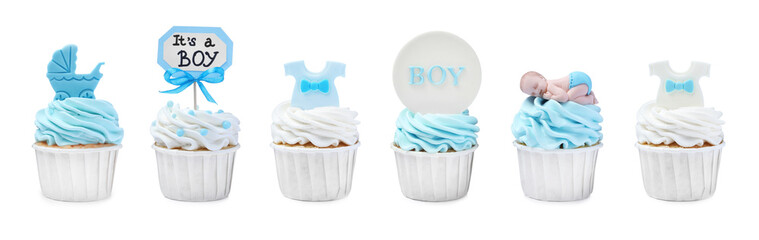Beautifully decorated baby shower cupcakes for boy on white background, collage. Banner design