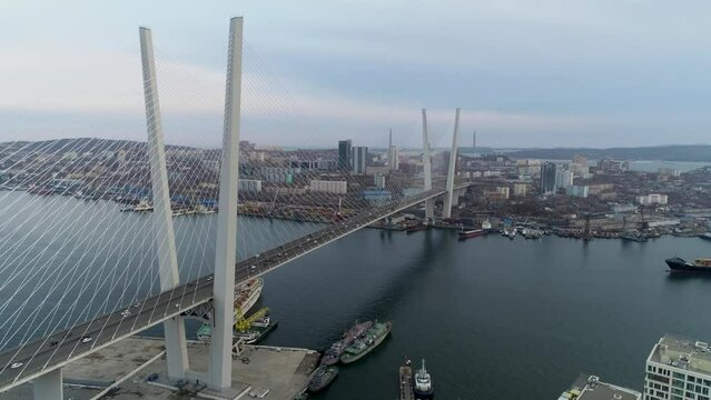 Flying a drone over the city and bridges