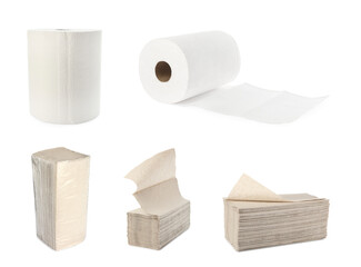 Set of paper towels on white background