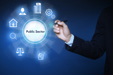 Public Sector concept. Man pointing at virtual screen with different icons on blue background,...