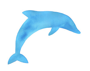 Watercolor illustration of jumping dolphin shape in bright blue colour on white. Symbol of good luck, protection, hope, rebirth, renewal. Hand painted drawing for design decoration, poster, banner.