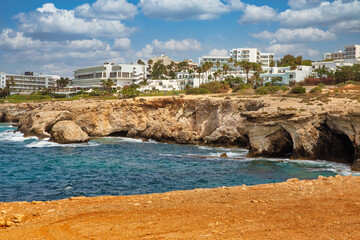 Obraz premium Ayia Napa summer resort rocky coastline seafront view, Cyprus.