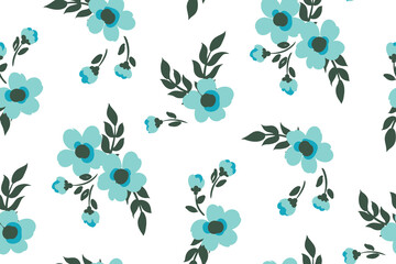 A simple rustic floral print. Seamless botanical pattern with small bouquets, blue flowers, leaves on a white background. Vector illustration.