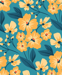 Retro floral surface design. Beautiful floral print, seamless pattern with hand-drawn yellow flowers, leaves on a blue background. Vector illustration.