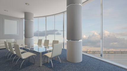 Fototapeta na wymiar Modern office building interior. 3D rendering.. Mockup. Empty paintings