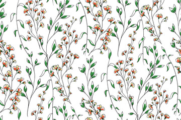Delicate floral print, trendy botanical background with sketch flowers on thin branches, leaves and herbs. Seamless pattern with hand-drawn plants on a white background. Vector illustration.