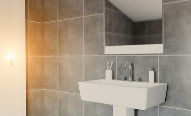 Modern bathroom including bath and sink. 3D rendering.. Sunset.