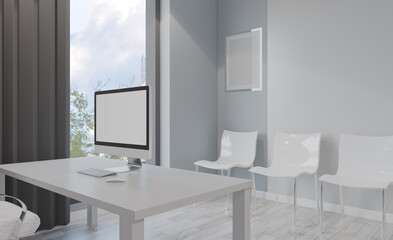 Elegant office interior. Mixed media. 3D rendering.. Mockup.   Empty paintings