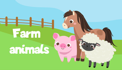 farm animals banner. Horse, sheep, pig. cartoon animals characters