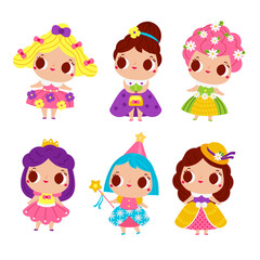 Fototapeta na wymiar Cute princess characters. Cartoon girls in beautiful dress and hats. Adorable little fairy