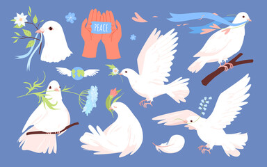 Wide set of white pigeons spreading peace. Flying dove with plant branch, international global day of peace, innocence and human purity symbol cartoon vector illustration