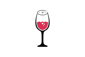 Wine glass logo. Wine time concept with clock on black background