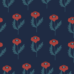 Red poppies hand drawn vector illustration. Vintage flowers in flat style for a wallpaper. Floral seamless pattern.