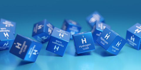 Hydrogen (H) - gaseous chemical element - used in metallurgy, chemical industry. Promotional education periodic symbol, emblem, element 3D render.