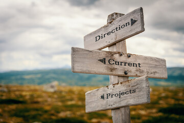 direction current projects text quote written in wooden signpost outdoors in nature. Moody theme...