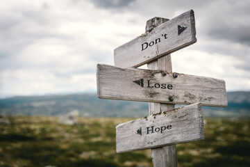 dont lose hope text quote written in wooden signpost outdoors in nature. Moody theme feeling.