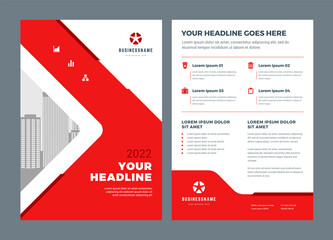 Red brochure annual report flyer design template, vector abstract flat background with logo design.