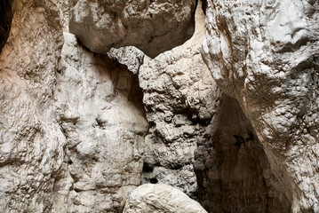 Saklikent Canyon or “hidden city” in Turkish. Close-up of fragments of rocks of canyon. Saklikent National Park in Mugla province. Steep mesmerizing rocks. Wild natural beauty in sun.