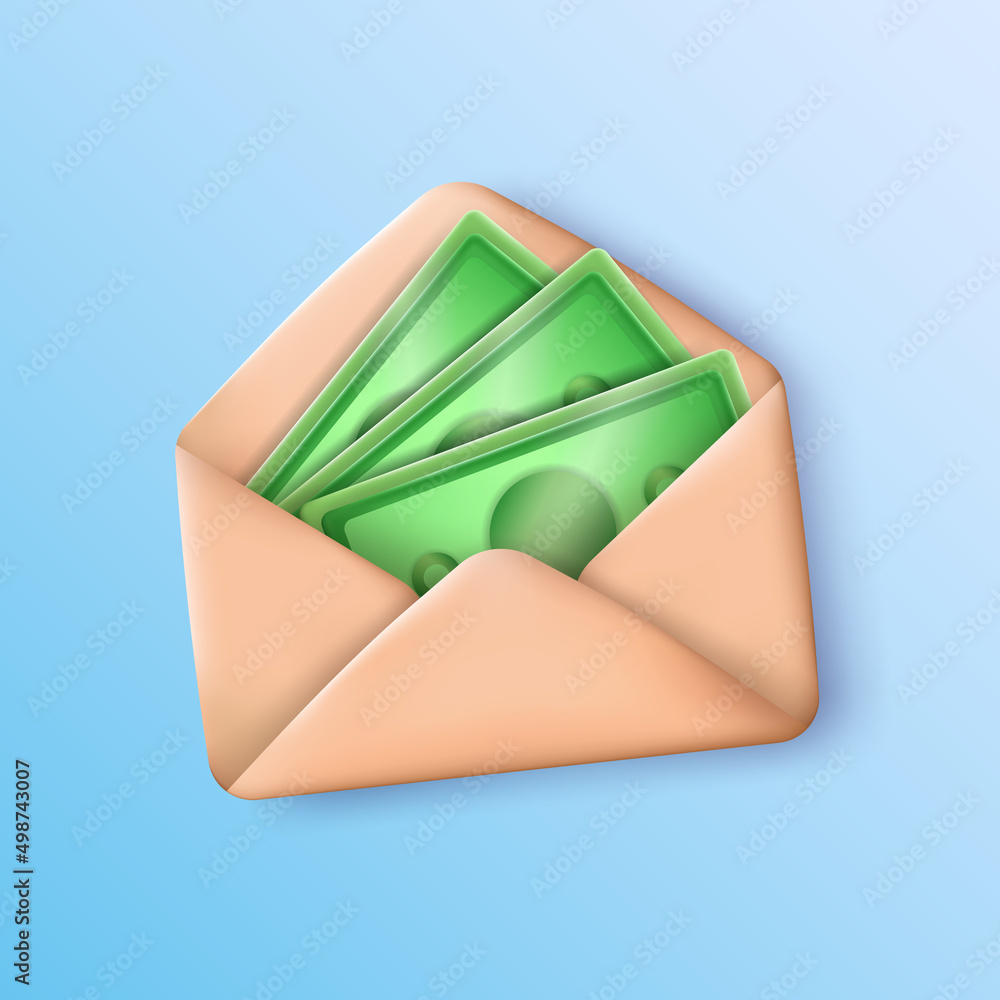 Poster 3d rendering vector opened envelope with green banknotes inside. paper letter with cash. save money 