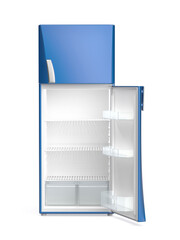 Empty blue refrigerator on white background, front view