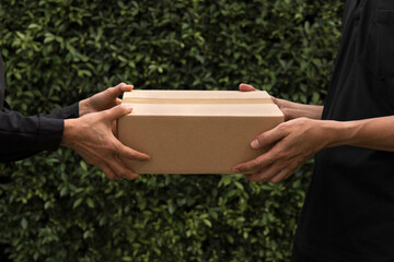 Man’s hand taking blank recycled paper cardboard box shopping from woman with outdoor green leaves nature garden background. Delivery boxes mockup for branding design concept
