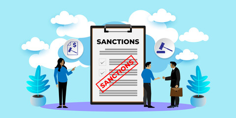 Political and economy concept of sanctions With icons. Cartoon Vector People Illustration - obrazy, fototapety, plakaty