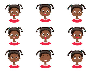 Isolated vector.A set of emotions on the african american girl's face. Girl's face with different expressions. Variety of children's emotions. School portrait avatars. Variety of teenager emotions.