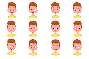 Isolated vector.A set of emotions on the boy's face. Boy's face with different expressions. Variety of children's emotions. School portrait avatars. Variety of teenager emotions.