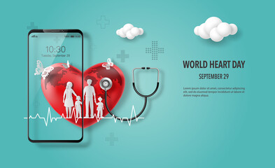 World Heart Day banner, a family holding hands with heart and heartbeat line on smartphone screen.