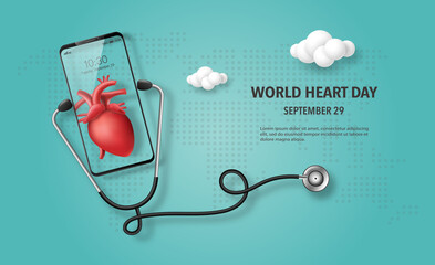 World Heart Day banner, heart on smartphone screen, doctor consultation online and health insurance concept.
