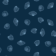 Seamless Pattern Of Shells On A Blue Background. Sea Ocean Template