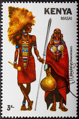 Kenya - Circa 1981: Ceremonial costumes of Masai tribe on kenyan stamp. Circa 1981.