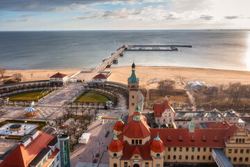 Obraz premium Aerial landscape of Sopot at Baltic sea with the wooden pier - Molo, Poland