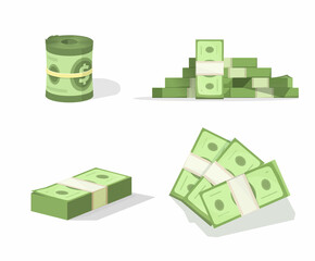 Naklejka premium Money dollar stack vector set with cash bunch roll and paper currency heap clipart isolated on white background flat cartoon illustration, american us bankroll green 3d, top view and isometric