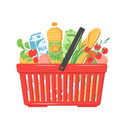 Grocery basket. Shopping cart full of different production vegetables, bread, sausages, greenery, milk, juice, vegetable oil. Vector illustration