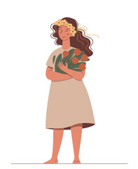 Standing joyful woman in a floral wreath holds the bouquet of flowers.