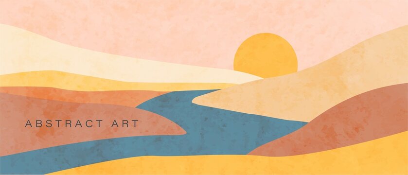 Hills, sun, river abstract art landscape.