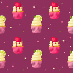 Cupcake pattern with cherrie and lemon on purple background. Vector cute cartoon illustration. Bakery shop, dessert, sweet products, cooking.