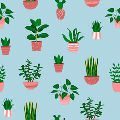 Fototapeta na wymiar Seamless pattern of houseplants in pink flowerpots. Cartoon colorful plants on blue background