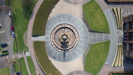 Aerial image over the Doulton Fountain in Glasgow Green, a park next to the River Clyde near the City Centre.