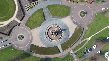 Aerial image over the Doulton Fountain in Glasgow Green, a park next to the River Clyde near the City Centre.