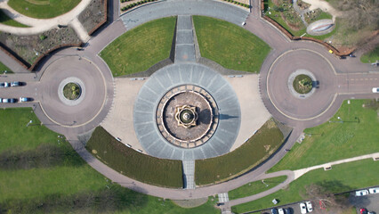 Aerial image over the Doulton Fountain in Glasgow Green, a park next to the River Clyde near the City Centre.