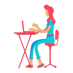 Fototapeta premium Young lady with laptop semi flat color vector character. Office work. Sitting figure. Full body person on white. Simple cartoon style illustration for web graphic design and animation