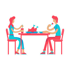 Man and woman eating dinner together semi flat color vector characters. Sitting figures. Full body people on white. Simple cartoon style illustration for web graphic design and animation