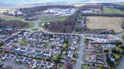 Fototapeta na wymiar Low level aerial image of Forth Valley Hospital near Falkirk in Central Scotland.