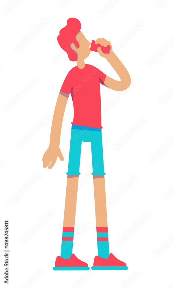 Poster man drinking enough water semi flat color vector character. standing figure. full body person on whi