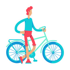 Athletic young man standing near bicycle semi flat color vector character. Posing figure. Full body person on white. Simple cartoon style illustration for web graphic design and animation