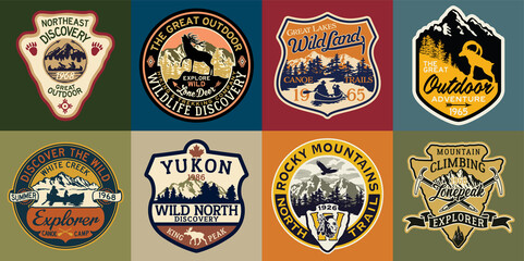 The great outdoor discovery adventure labels and patches vector collection - obrazy, fototapety, plakaty