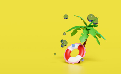 3d red white lifebuoy for water safety, water splash, palm tree isolated on yellow background. summer travel concept, 3d render illustration